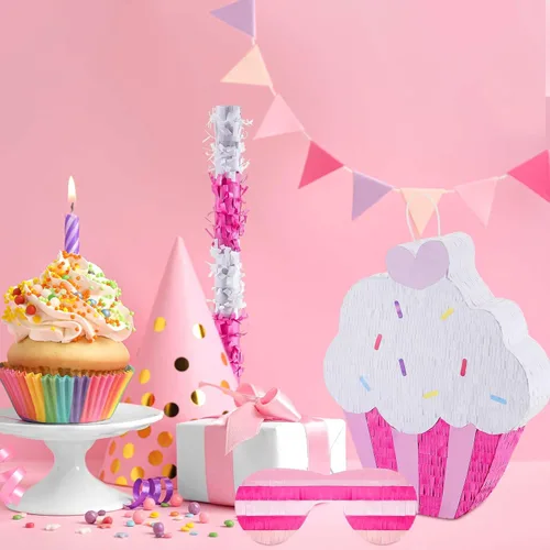 Miniatura 5 de Piñata de cupcakes para fiesta de cumpleaños, piñata azul para niñas con palo, confeti para los ojos vendados, piñatas grandes de helado para niños