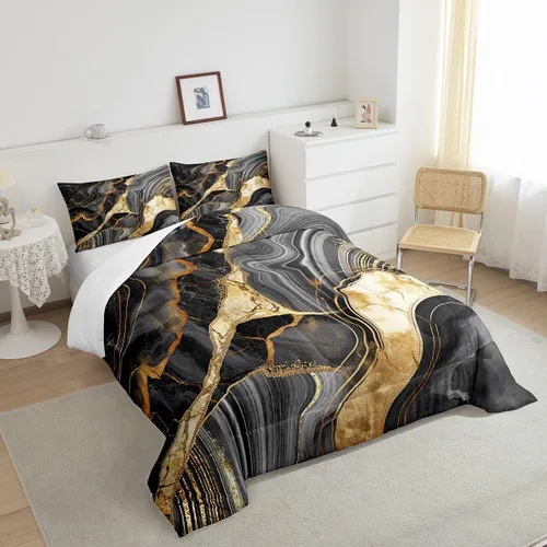 Miniatura 4 de Juego de edredón de mármol negro individual, ropa de cama dorada agrietada para adultos, hombres y mujeres, juegos de edredón de textura metálica