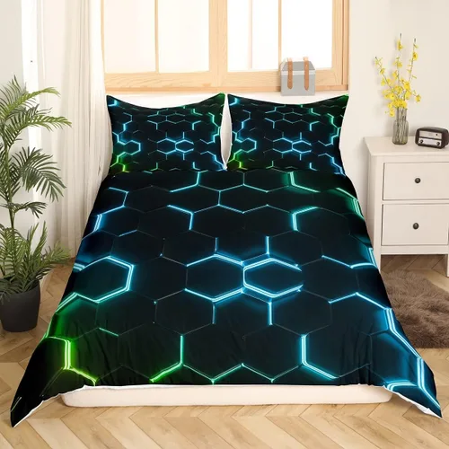Miniatura 40 de Funda de edredón de panal para niños, hombres y niñas, juego de ropa de cama moderno con temática geométrica hexagonal, diseño de cuadrícula