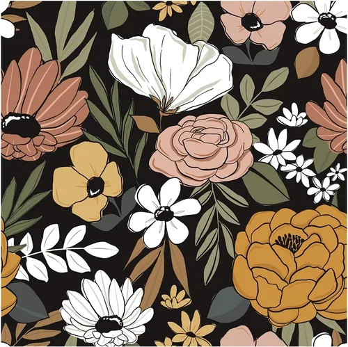 HAOKHOME Papel pintado vintage grande floral de despegar y pegar, extraíble, hojas de margarita, negro/arena/oliva, vinilo autoadhesivo, mural, 17.7