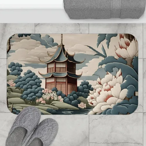 Bonito tapete de baño divertido para baño, pagoda, azul y blanco, tapete de baño chinoiserie chinoiserie, decoración asiática, baño, lavandería,