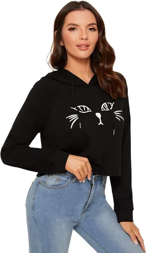 Miniatura 7 de Sudadera SweatyRocks corta con capucha, manga larga, con estampado de gato, para mujer