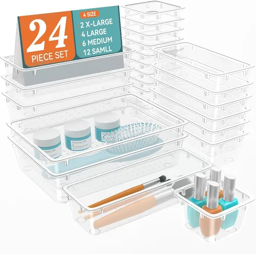 Miniatura 13 de ElegantArray Juego de organizador de cajones de 12 piezas, 4 tamaños, organizador de tocador de plástico versátil para maquillaje, papelería, Negro