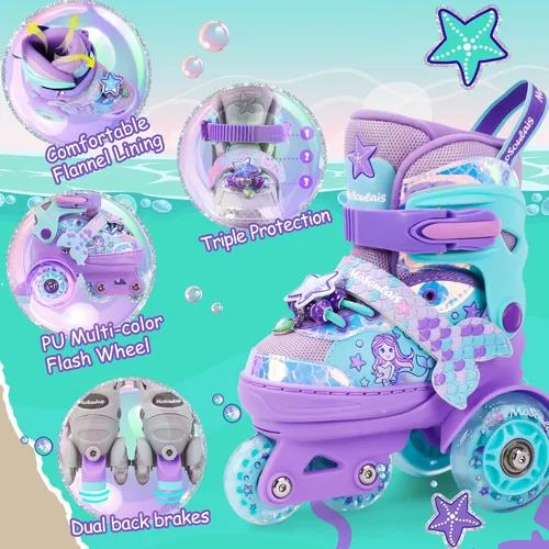 Miniatura 6 de Patines de Sirena para Niñas, MoSoulais 4 Tamaños Ajustables con Ruedas Iluminadas para Niños Pequeños, Patines para Mujeres Principiantes