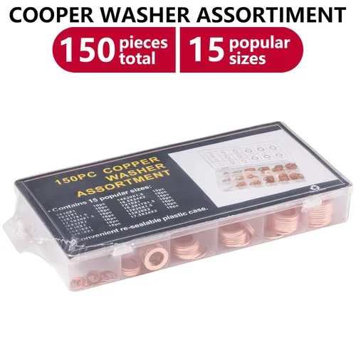 Miniatura 7 de Toolwiz Juego surtido de 150 piezas de arandelas de cobre de 15 tamaños M17.5-M5, anillo plano, tapón de sumidero, arandela aplastante, tapón