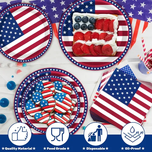 Miniatura 3 de QZYL 150 piezas de suministros para fiesta del 4 de julio, sirve 50 platos de papel y servilletas de papel con la bandera americana, decoraciones