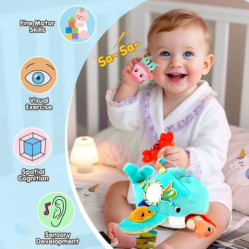 Miniatura 4 de FREYBLI Juguetes para bebés de 6 a 12 meses - Juguetes suaves de aventura oceánica con sonajero, papel crujiente, silbato, espejo - Juguetes Azul