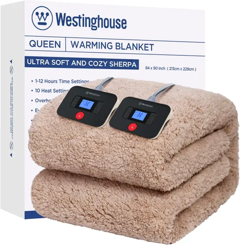 Westinghouse - Manta eléctrica tamaño queen. Manta térmica de felpa sherpa suave, lavable a máquina, con 10 niveles de calefacción y 1-12 horas de