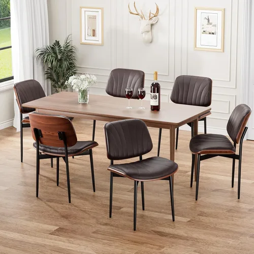 Miniatura 56 de REONEY - Juego de 4 sillas de comedor, modernas de mediados de siglo, tapizadas en piel sintética PU con respaldo de madera curvada de nogal y patas