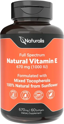 Naturalis Vitamina E de girasol de 670 mg (1000 UI) con tocoferoles mixtos | Vitamina esencial para la piel y apoyo inmunológico | Sin OMG, sin soja