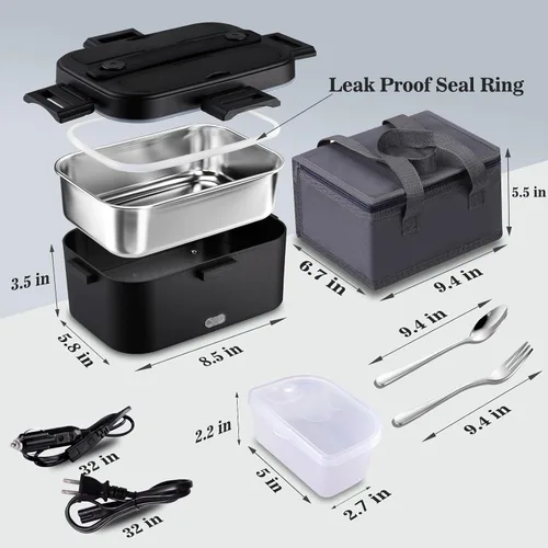 Miniatura 3 de Nifogo 100W Heated Bowl for Car and Truck and Office Electric Lunch Box 3 in 1 Stainless Steel 12 V 24 V and 230 V – Lunch Box 1.5 L x 2 with Grey