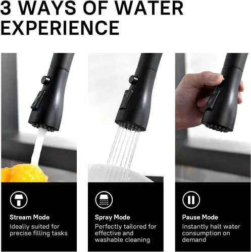 Miniatura 6 de WEWE Grifo de cocina negro, a prueba de fugas, con rociador extraíble, acero inoxidable comercial, de un solo agujero, grifo de fregadero de cocina