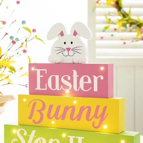 Miniatura 7 de Glitzhome Letrero de mesa de madera con luz LED, diseño de conejito de Pascua con texto para primavera, suministros de fiesta de Pascua