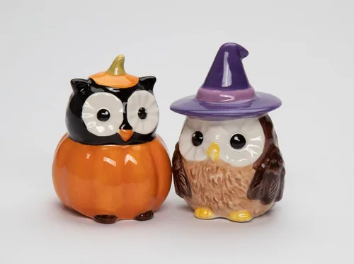 Juego de salero y pimentero de cerámica fina para Halloween, búho bruja y calabaza, 2-7/8 pulgadas de alto