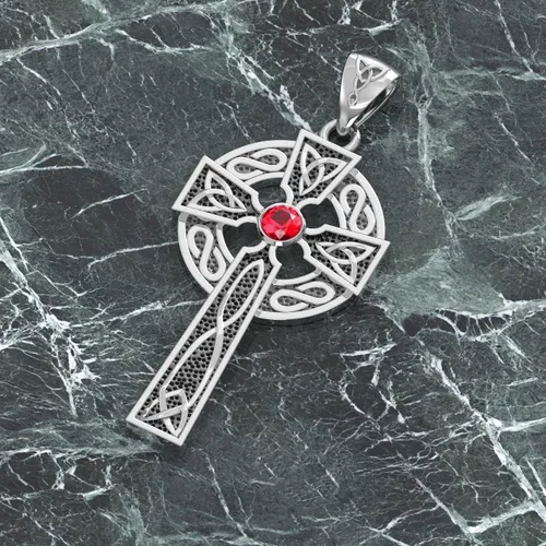 Miniatura 2 de US Jewels Colgante de plata de ley 925 para hombre de 1.5 pulgadas, rubí sintético, piedra natal de julio, nudo celta irlandés, Plata esterlina