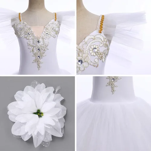 Miniatura 5 de Leotardos de ballet para niñas pequeñas, falda de tul con purpurina, 2 piezas, manga con volantes, tutú con clip para el cabello, trajes de una pieza