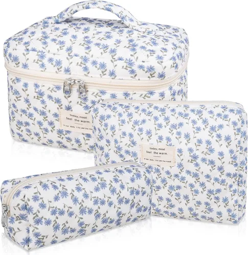 Miniatura 23 de Set de bolsas de maquillaje, bolsa de maquillaje acolchada, bolsa de cosméticos floral grande para mujeres, lindas bolsas de maquillaje de algodón