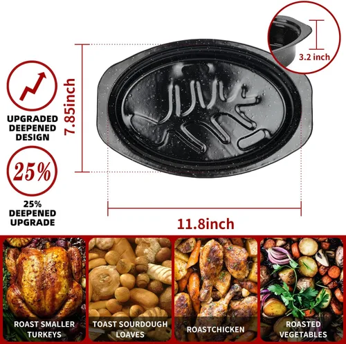 Miniatura 5 de DIMESHY - Sartén para asar de 13 pulgadas, esmaltada en acero, sartén ovalada cubierta en negro con tapa, pequeña olla para pavo, pollo pequeño