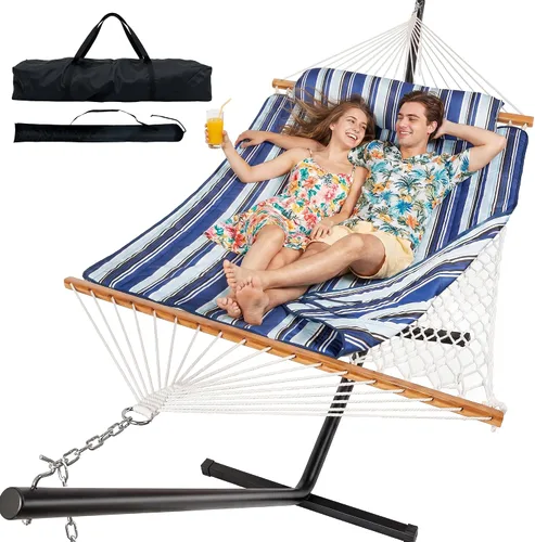 Everyfun - Hamaca para 2 personas al aire libre con soporte, hamaca de cuerda de algodón con almohadilla de poliéster, estructura de acero