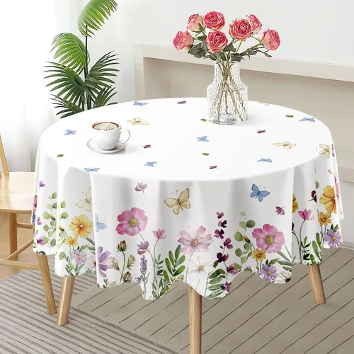 Mantel de primavera de 60 pulgadas, diseño floral de flores silvestres, resistente a las manchas y a las arrugas, lavable, para interiores y