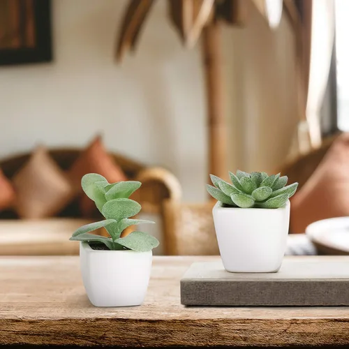 Miniatura 4 de MyGift Juego de 4 mini plantas suculentas artificiales decorativas verdes surtidas en macetas plantadoras cuadradas de cerámica esmaltada blanca