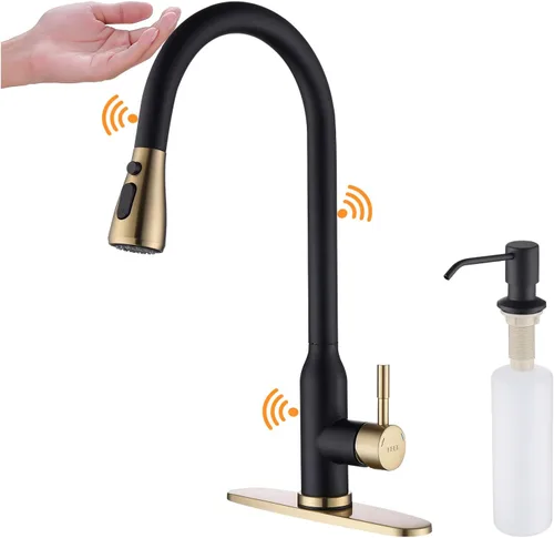 Miniatura 7 de Grifo de Cocina sin Contacto, KEER Sensor de Movimiento Inteligente sin Manos de Mango Único con Resorte para Fregadero de Cocina con Rociador Oro