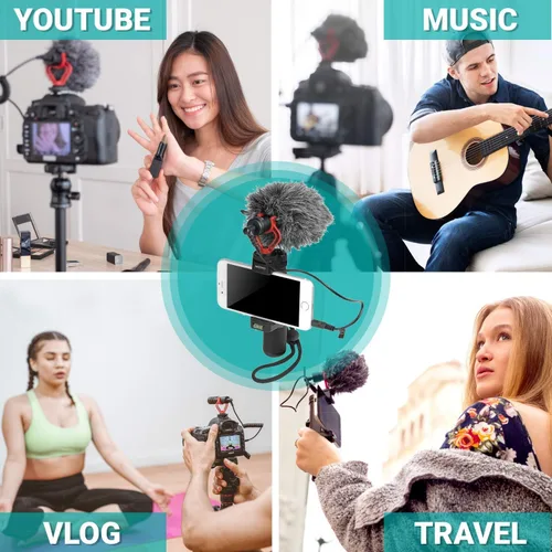 Miniatura 6 de Movo Kit de vlogging para teléfono inteligente para iPhone con micrófono de escopeta, mango de agarre, correa de muñeca para teléfonos inteligentes