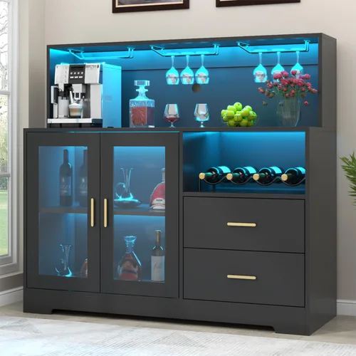 Mueble Bar para el Hogar con Luz LED, Gabinete de Café con Estante para Vino y Copas, Gabinetes para Vino con Cajones y Soporte para Microondas,