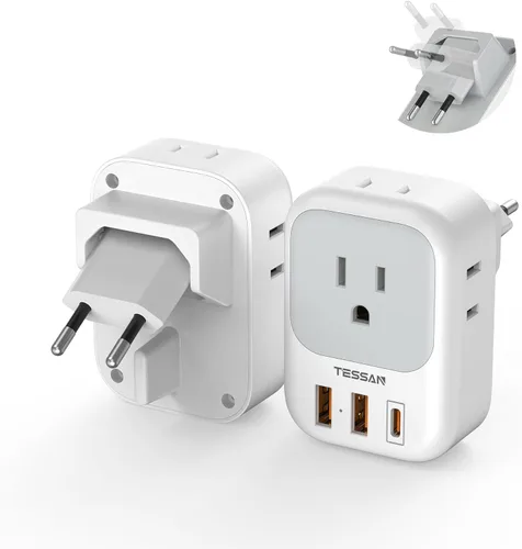 TESSAN Adaptador de enchufe de viaje europeo, 2 paquetes, adaptador tipo C, enchufe plegable, 4 tomacorrientes, 3 USB (1 USB C PD 20W), Estados