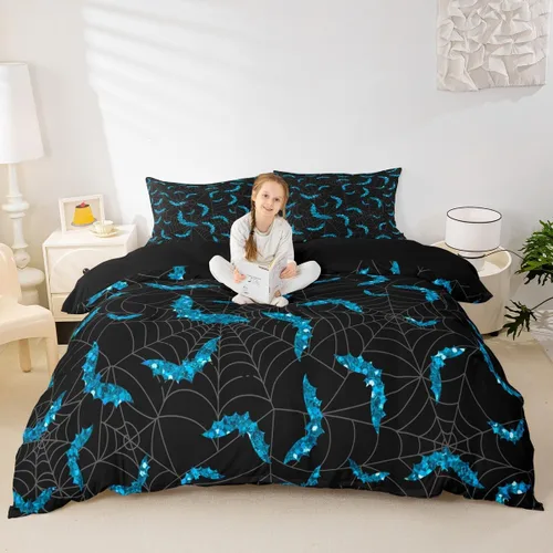Miniatura 20 de Lindo juego de funda de edredón de fantasma, tamaño individual para niños y niñas, juego de ropa de cama de calabaza y calavera de azúcar, funda