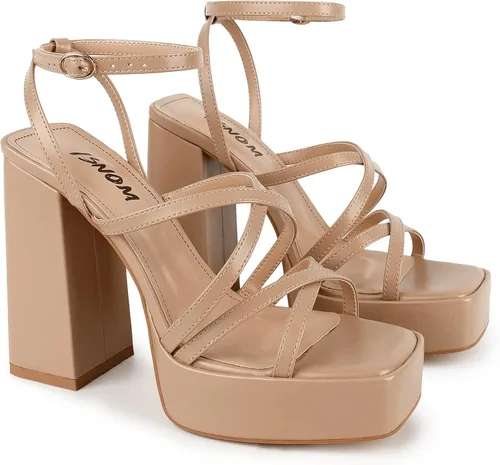 Miniatura 2 de ISNOM Tacones gruesos de plataforma para mujer, sandalias de tacón de bloque con punta cuadrada abierta y correa de tobillo
