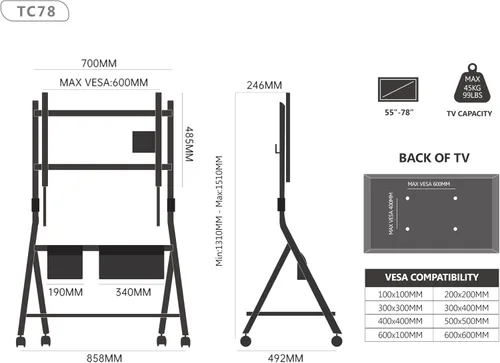 Miniatura 5 de FITUEYES Soporte de TV móvil para TV de 55, 60, 65, 75, 78 pulgadas, soporte de suelo con soporte para oficina, sala de estar, hotel, moderno