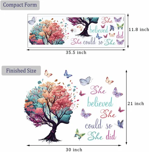Miniatura 7 de Arte de pared con citas inspiradoras - Adhesivos de árbol y mariposa "She Believed She Could So She Did" para decoración de dormitorio y sala