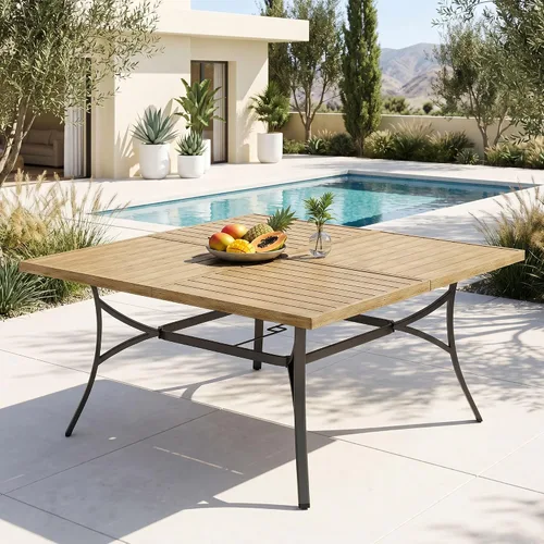 Miniatura 11 de PHI VILLA Mesa de comedor para exteriores de 37 pulgadas, con listones de acero metálico, mesa de comedor cuadrada para patio con agujero para Negro