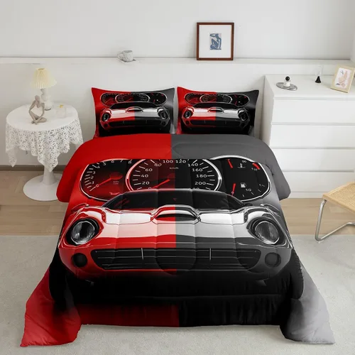 Miniatura 21 de Feelyou Juego de edredón azul de carreras para niños, juego de ropa de cama de coche deportivo para niños y niños, edredón deportivo geométrico a
