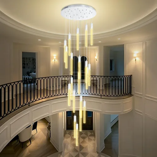 Miniatura 28 de Flashing God Candelabro LED moderno, 10 luces negras regulables, lámpara colgante con control remoto de techo alto para escalera, sala de estar