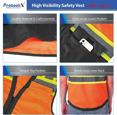 Miniatura 4 de ProtectX - Chaleco de seguridad de alta visibilidad con 6 bolsillos, clase 2 reflectante, de alta visibilidad, para hombres y mujeres, chaleco