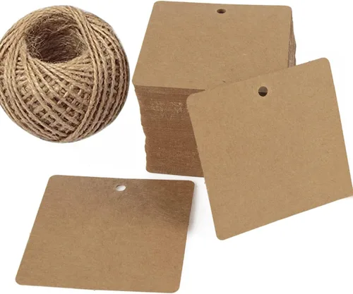 100 etiquetas de regalo de papel kraft en blanco para colgar, etiquetas de precio con cordel de yute de 100 pies (marrón)