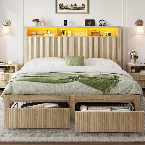 Miniatura 10 de CypBed Base de cama de tamaño matrimonial con cabecera y cajón de almacenamiento, marco de cama matrimonial con luz LED y puerto de carga, diseño