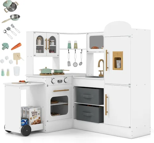 Miniatura 12 de Costzon Cocina de Juego de Esquina, Cocina Grande de Juego de Simulación con Luz y Sonido Reales, Bote de Basura Extraíble, Estufas, Microondas
