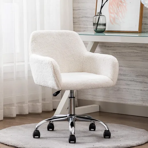 Silla de escritorio giratoria peluda, silla de oficina tapizada de tela de peluche blanca, silla de tocador con ruedas ajustable en altura para