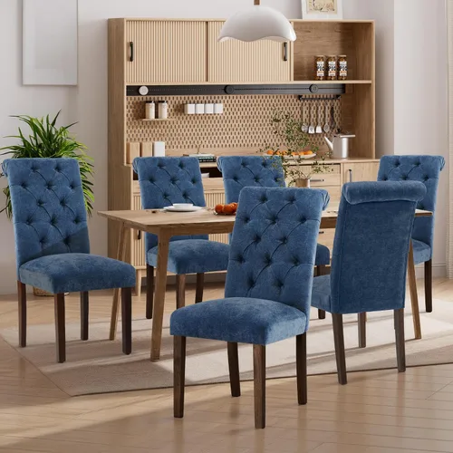 Miniatura 8 de Juego de 2 sillas de comedor, tapizadas Parsons con botones y patas de madera maciza, sillas de cocina de tela moderna para comedor, color beige