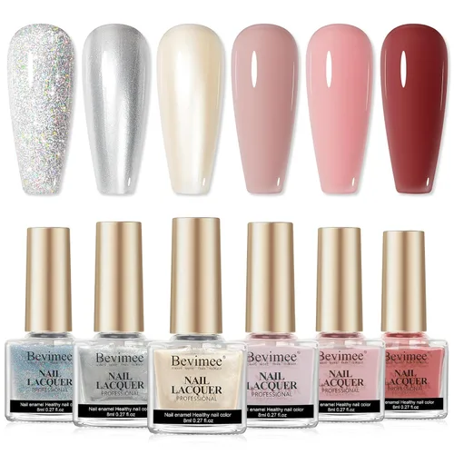 Juego de esmaltes de uñas regulares de secado rápido, 6 colores plateados con purpurina metálica y esmalte de uñas de gelatina rosa y rojo nude,