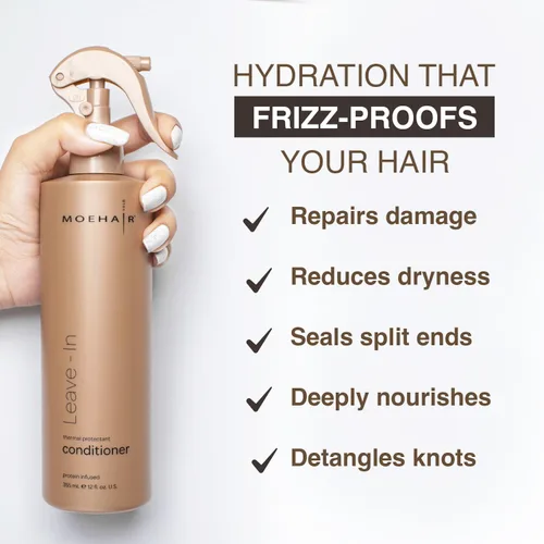 Miniatura 3 de MOEHAIR Spray acondicionador sin enjuague para cabello encrespado Fórmula desenredante e hidratante infundida con proteínas Añade brillo Sin
