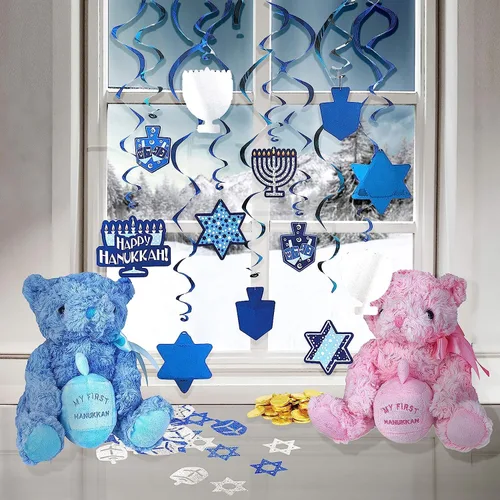 Miniatura 2 de The Dreidel Company Decoraciones de Remolinos de Hanukkah, Incluye 12 Remolinos con Recortes de Hanukkah de Papel de Aluminio de 24" y Remolinos