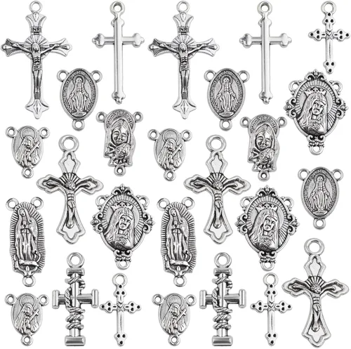 Miniatura 8 de 50 piezas Dijes de Cruz y Centro de Rosario Medalla Milagrosa Colgantes de Crucifijo de Jesús Tibetano Eslabones de Araña Ovalados de Virgen María