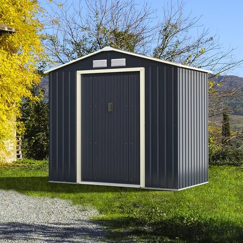 Miniatura 9 de Goplus Cobertizo de almacenamiento, organizador de metal de 7 x 4 pies, para exteriores, con 4 rejillas de ventilación y doble puerta corrediza