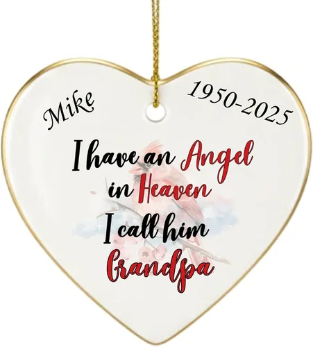 Adorno de Navidad conmemorativo personalizado 2025 – Recuerdo de cerámica en forma de corazón – Tengo un ángel en el cielo lo llamo abuelo, regalo