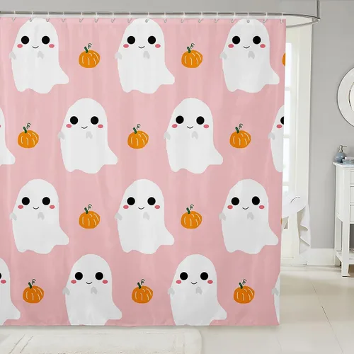 Miniatura 28 de Cortina de ducha de tela de unicornio de Halloween, misteriosa cortina de ducha de flores de castillo estrellado para baño, cortina de ducha