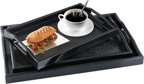 Miniatura 2 de MDLUU Juego de 3 bandejas de plástico para servir con asas recortadas, bandeja rectangular para mayordomo para desayuno en la cama, mesa de café